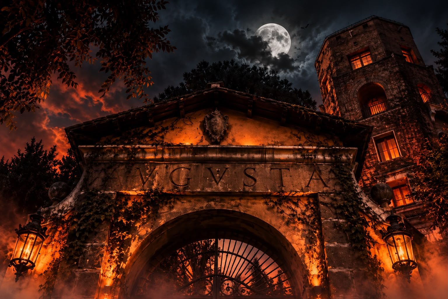 Il cancello di Villa Brasini 489 nella notte, con l'iscrizione AVGVSTA